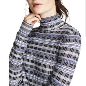 Theory Prosecco Stretch Knit Turtleneck Long-Sleeve Plaid Check Top Blue Black S